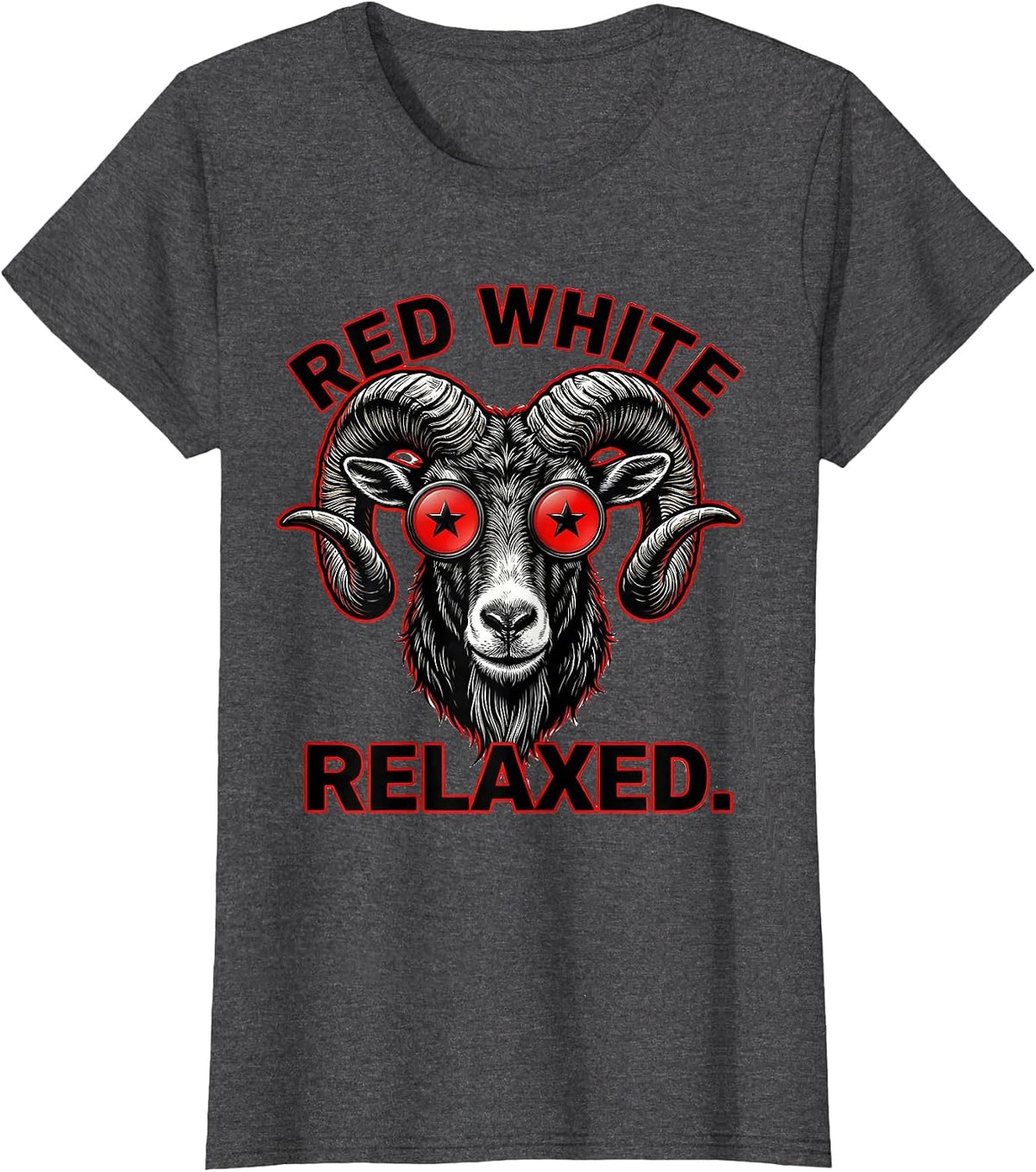 Women's Red White Relaxed Tattoo Bold Goat Head Patriotic Humor T-Shirt - Dark Heather Grey