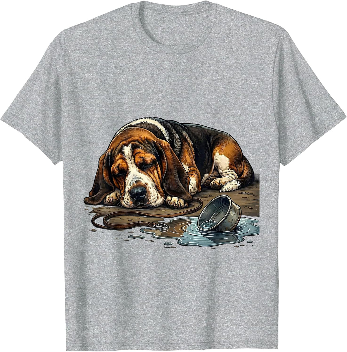 Men's Basset Hound Sleeping Beside Water Bowl Deadpan Humor T-Shirt - Heather Grey