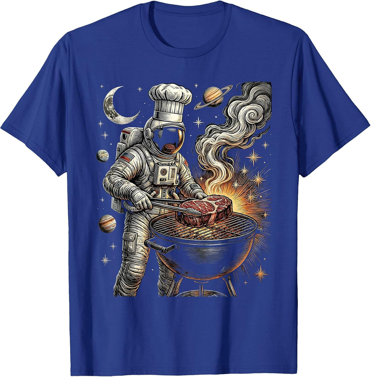 Astronaut Chef Grilling in Outer Space Design T-Shirt - Royal Blue