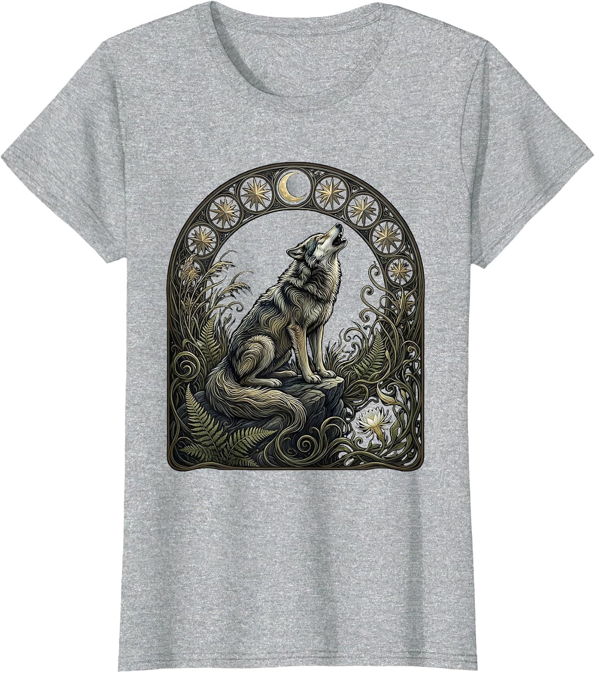 Women's Wolf Howling Under Starry Night Sky Illustration T-Shirt - Heather Grey