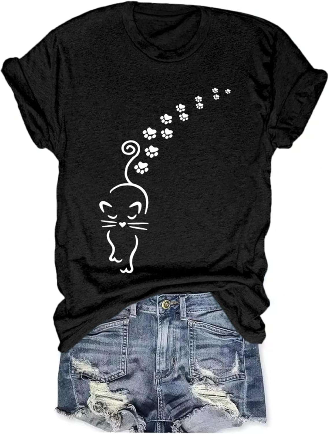 Women's Summer Short Sleeve T Shirts Cute Cat Mom Graphic Tee Shirt Vintage Crewneck Loose Casual Tops - Black