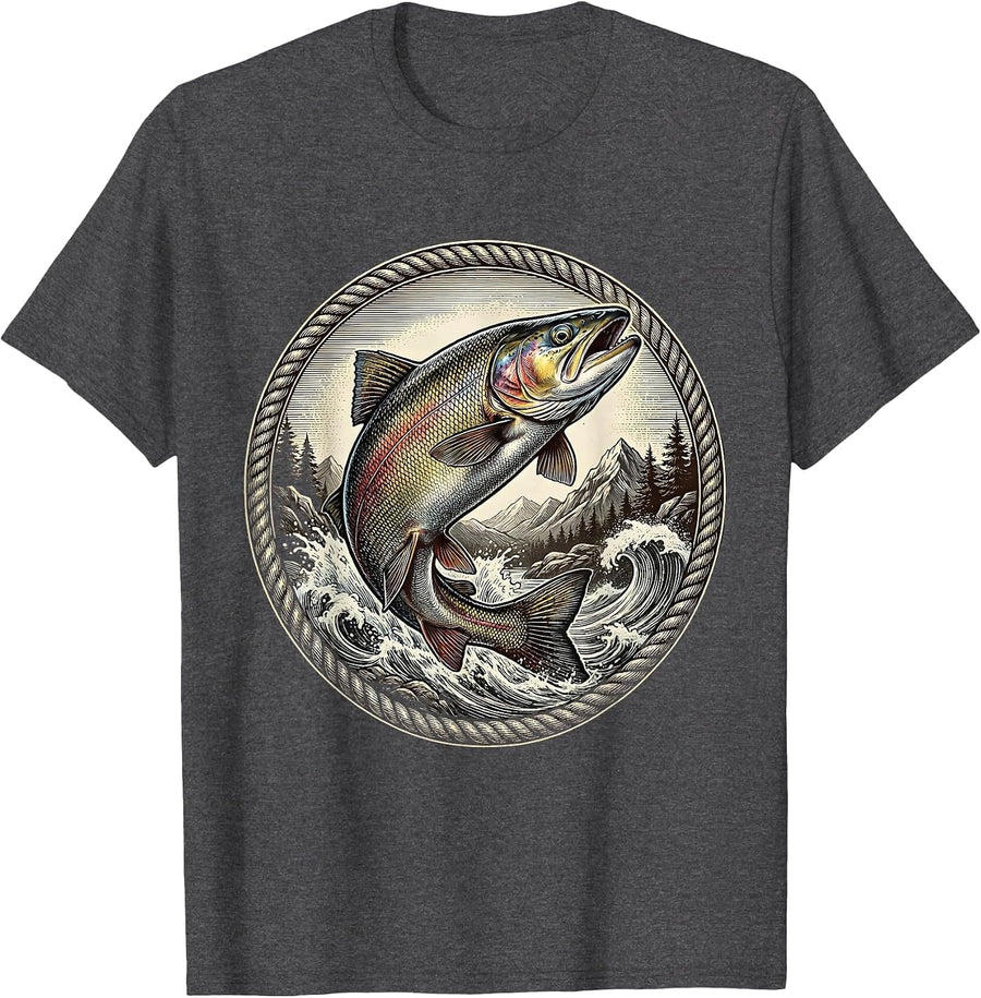 Men's Trout Upstream Mountain Rapids Fishing Design T-Shirt - Dark Heather Grey