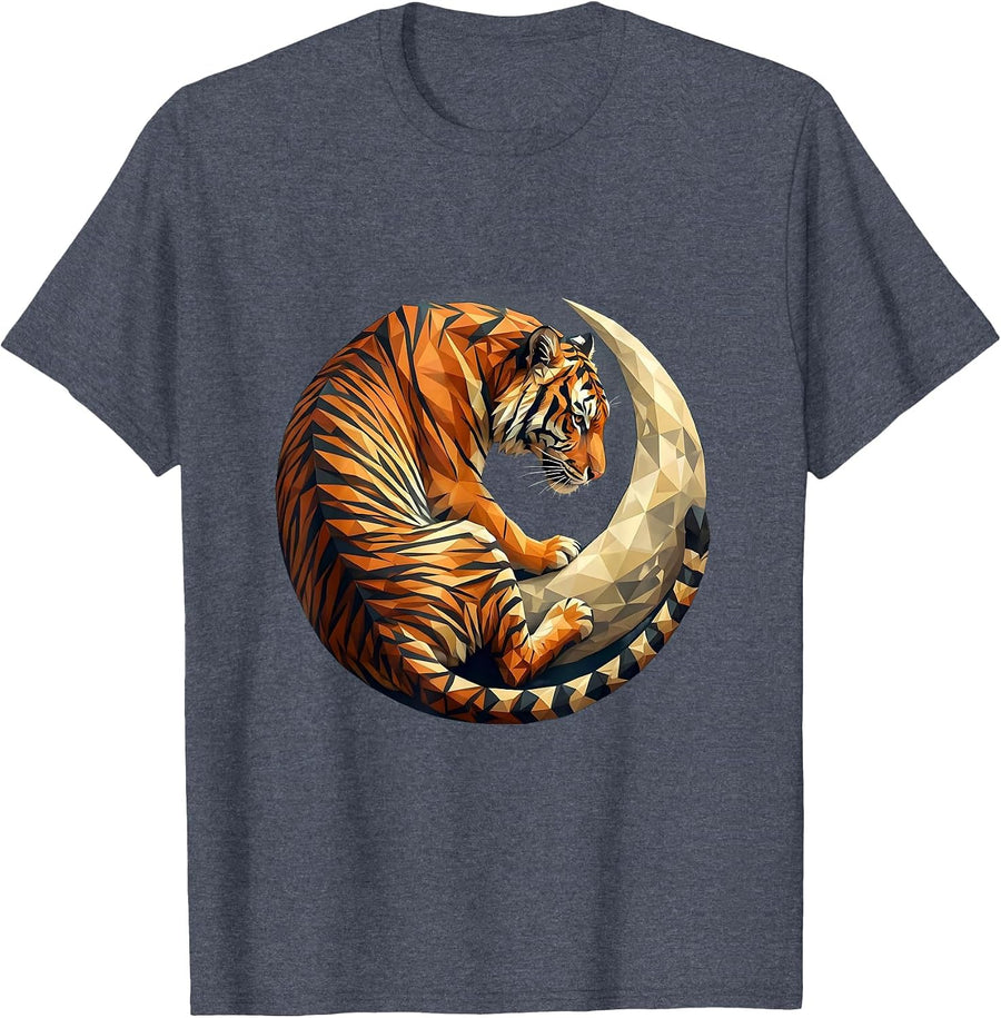 Tiger Curled Around Crescent Moon Graphic T-Shirt - Heather Blue