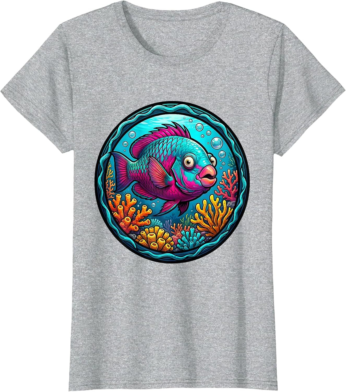 Puerto Rico Parrot Fish Coral Garden Illustration T-Shirt - Heather Grey