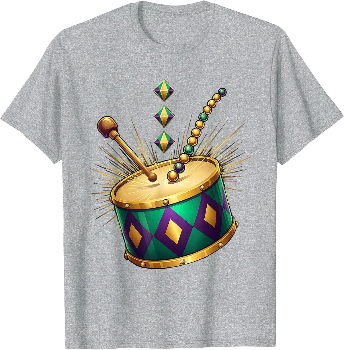 Men's Parade Drum Harlequin Beads Mardi Gras Carnival Party T-Shirt - Heather Grey