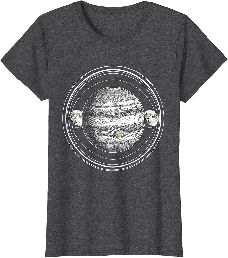 Women's Twin Moons Orbiting Planet Space Art Design T-Shirt - Dark Heather Grey