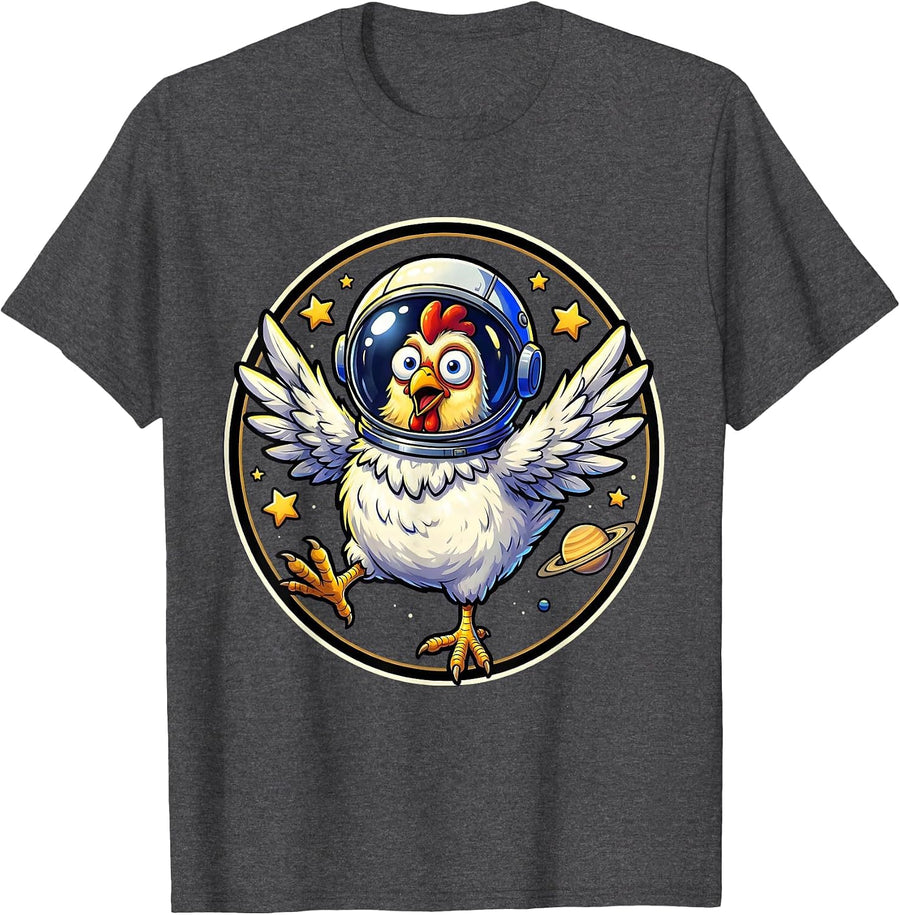 Men's Chicken Astronaut Floating in Outer Space T-Shirt - Dark Heather Grey