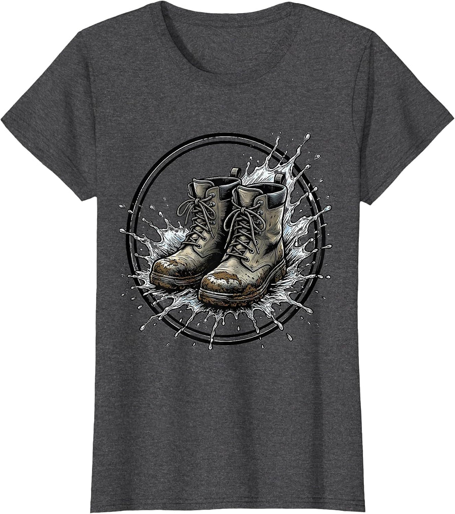 Women's Worn Wading Boots Muddy River Fishing Graphic T-Shirt - Dark Heather Grey