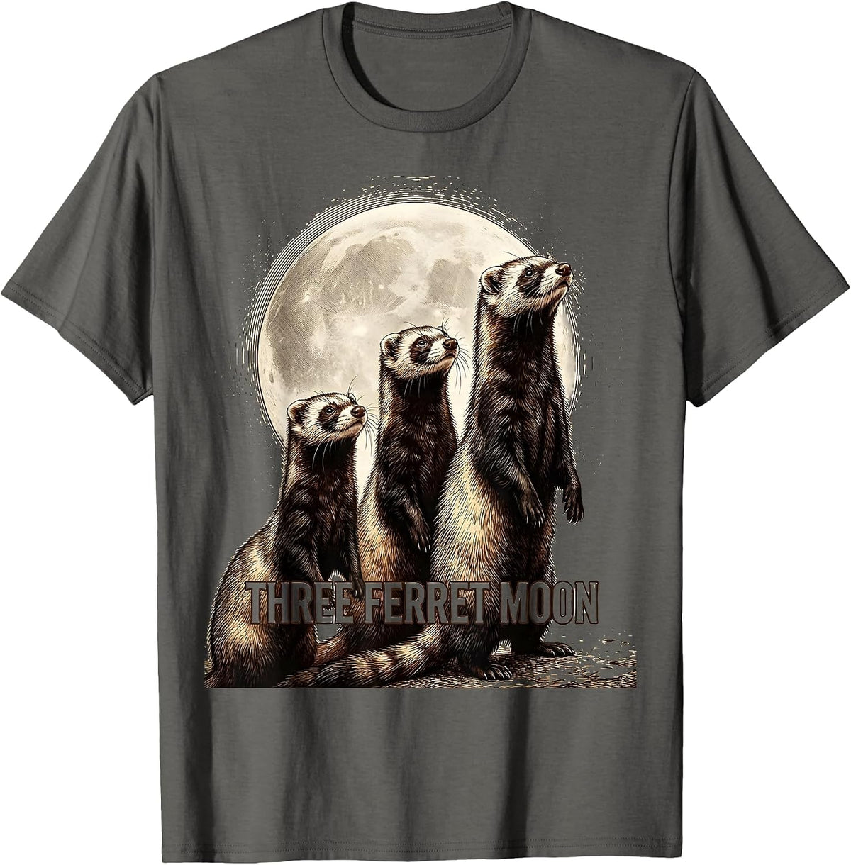 Three Ferret Moon Crosshatch Etching Ferret Lover Absurdist T-Shirt - Asphalt Grey