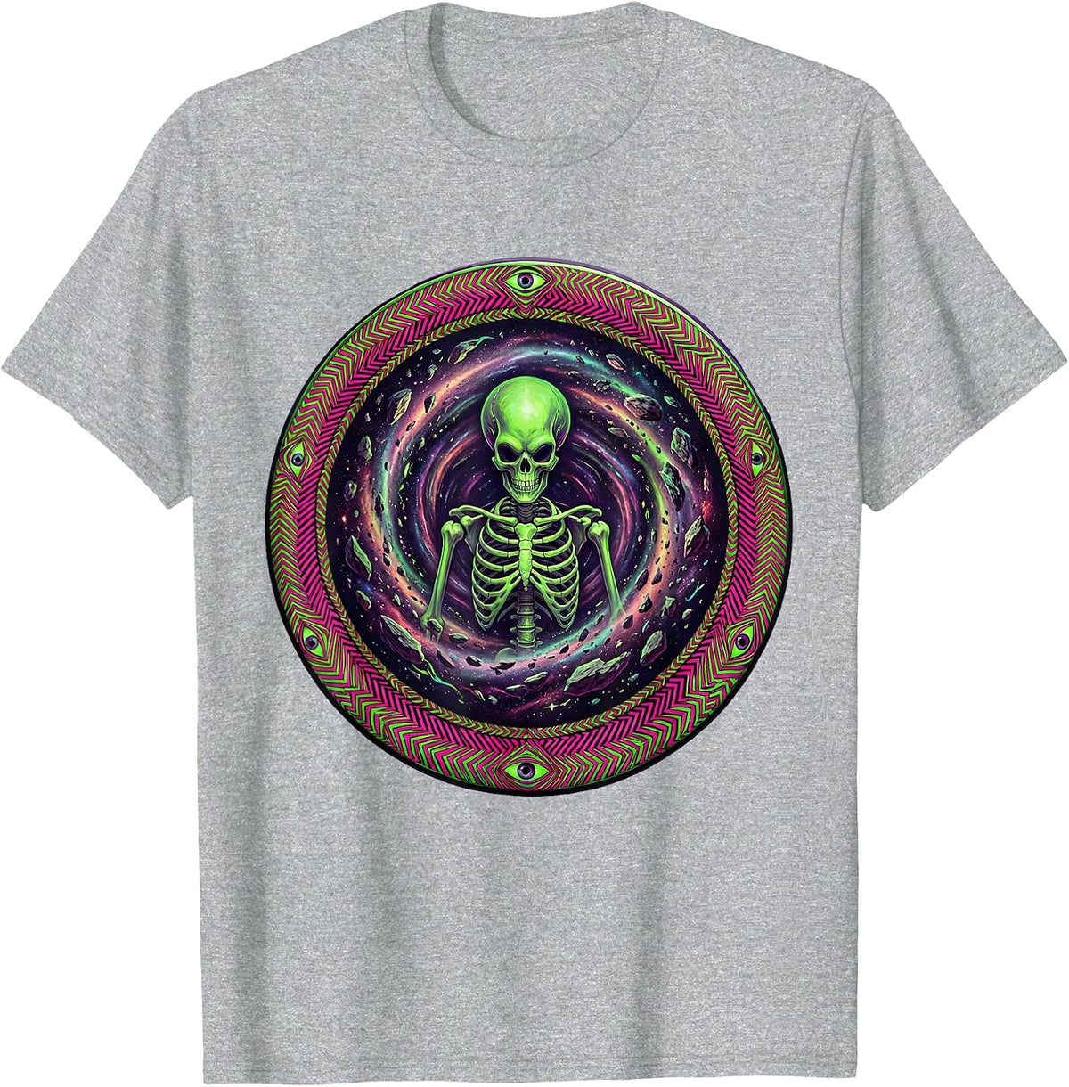 Men's Skeleton Alien Floating in Deep Space Debris T-Shirt - Heather Grey