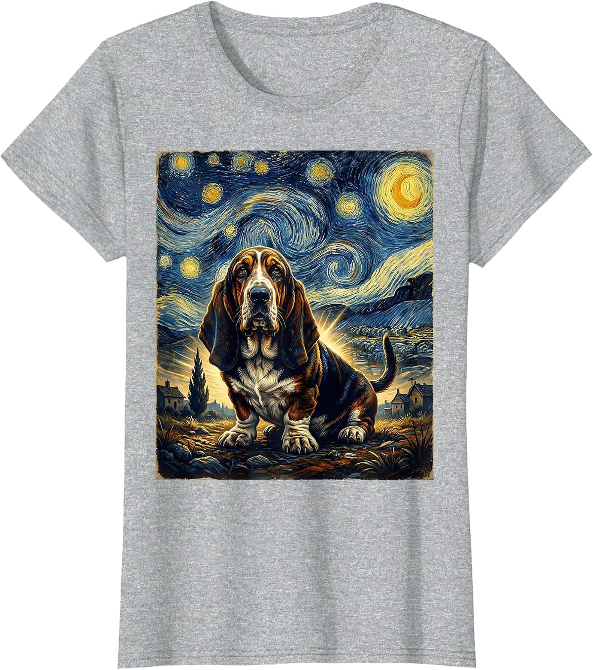 Basset Hound Vintage Starry Night Dog Lover Novelty T-Shirt - Heather Grey