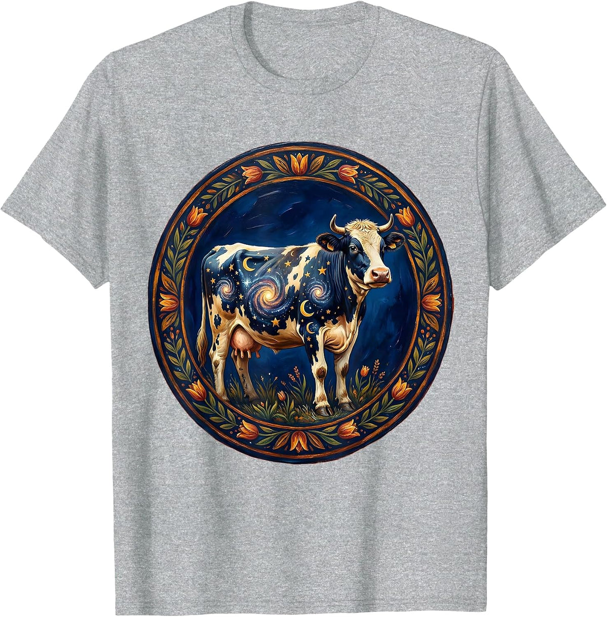Men's Cosmic Cow Galaxy Pattern Illustration T-Shirt - Heather Grey