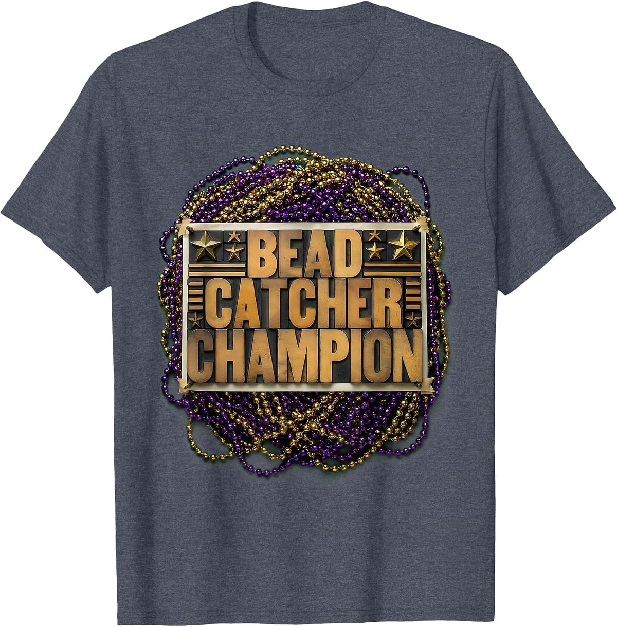Bead Catcher Champion Mardi Gras Design T-Shirt - Heather Blue