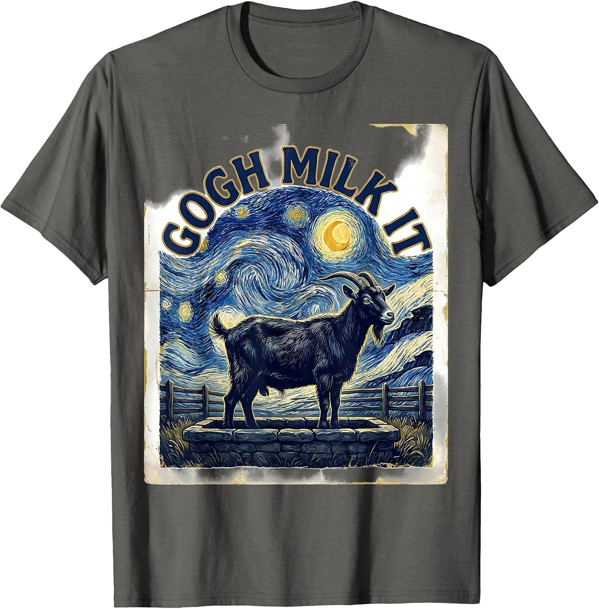 Men's Gogh Milk It Vintage Funny Cat Lover Art Parody T-Shirt - Asphalt Grey