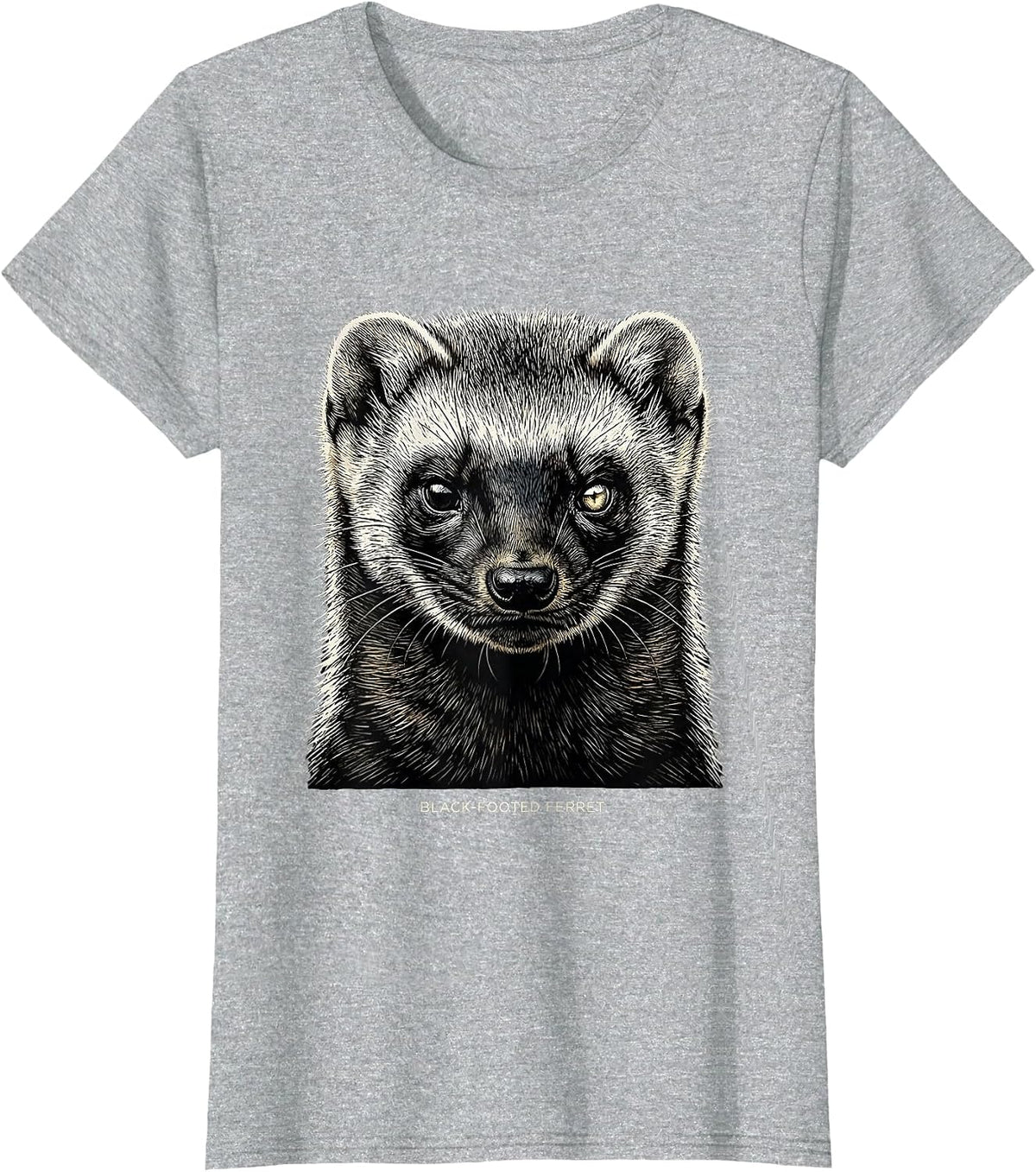 Women's BLACK-FOOTED FERRET Woodcut Engraving Wildlife Portrait T-Shirt - Heather Grey