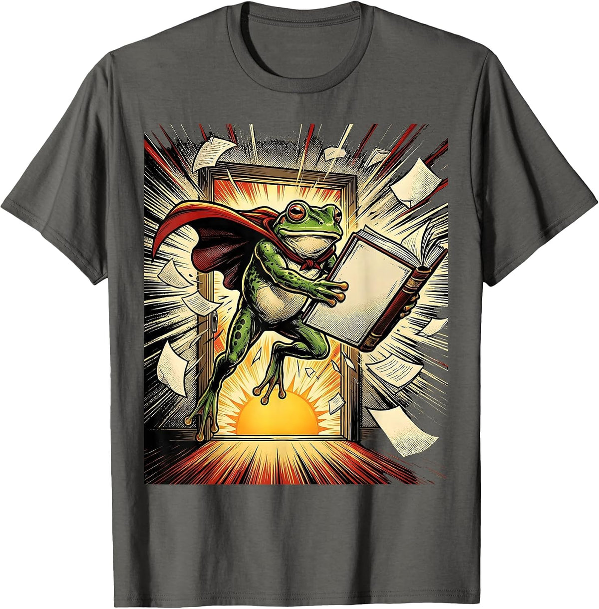 Leaping Caped Frog Comic Book Teacher Back To School T-Shirt, Men, Asphalt Grey, Large - As Pictured