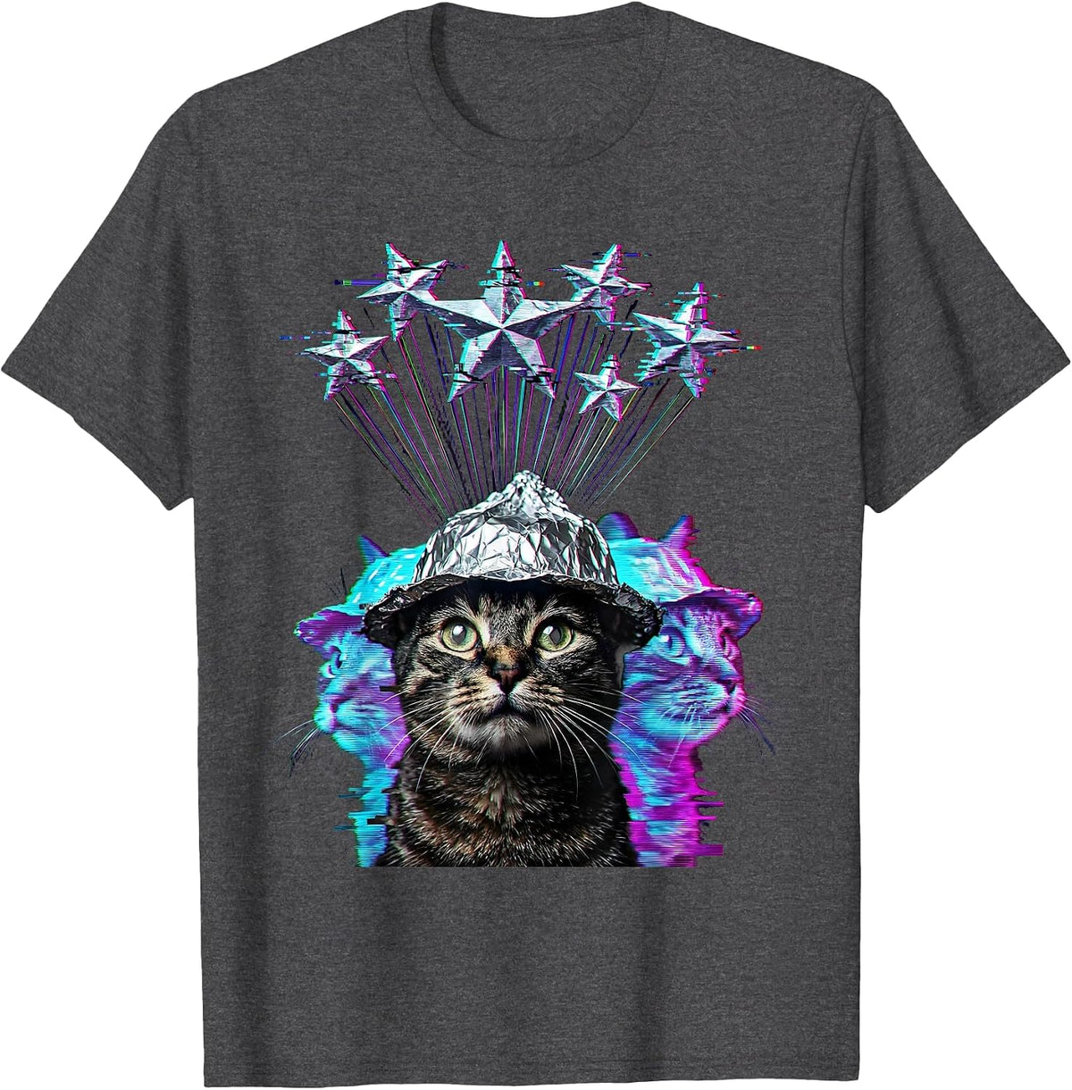 Conspiracy Cat Tinfoil Hat Stargazing Design T-Shirt - Dark Heather Grey
