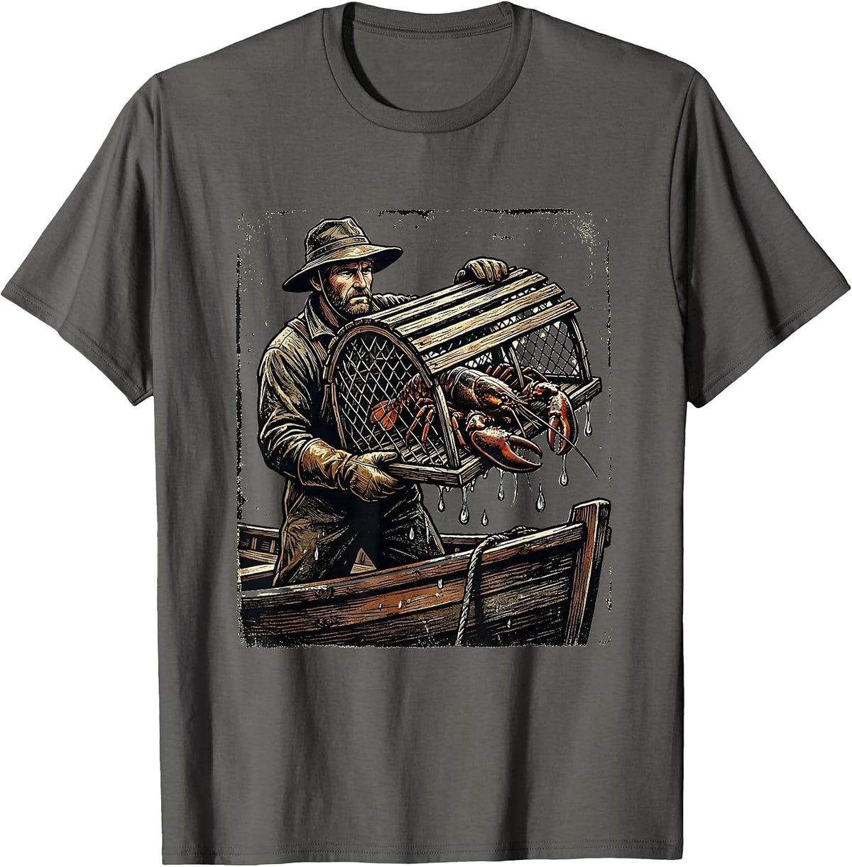 Lobster Trap Haul Fisherman Boat Graphic T-Shirt - Asphalt Grey