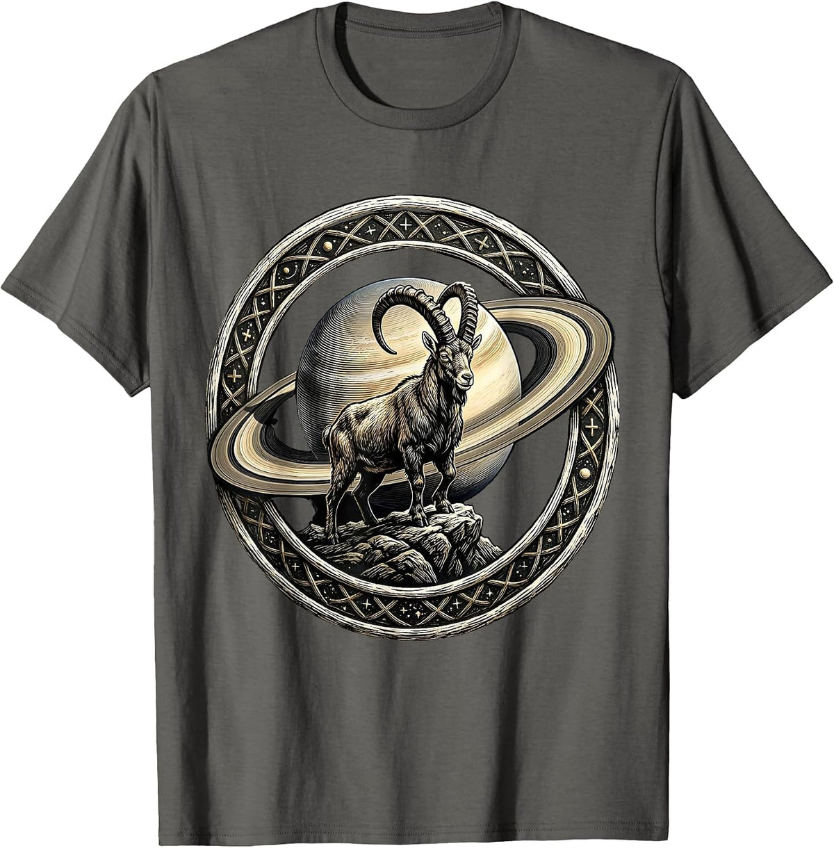 Men's Capricorn Goat Silhouette Saturn Zodiac Design T-Shirt - Asphalt Grey