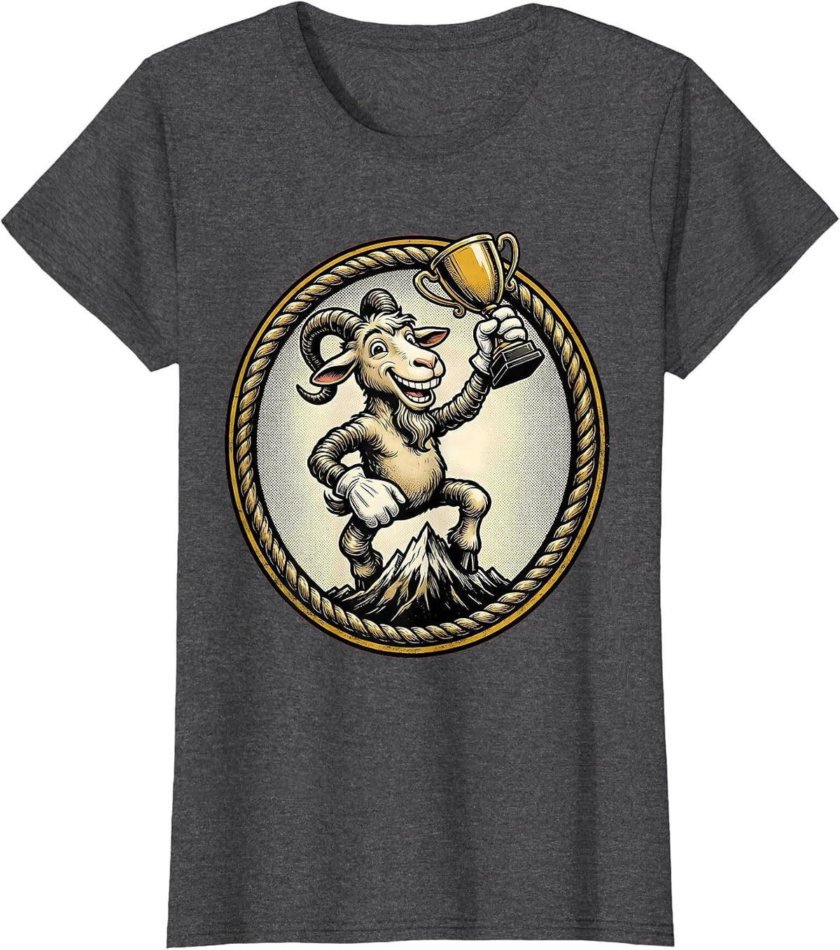 Women's Goat on Mountain Peak Holding Trophy Illustration T-Shirt - Dark Heather Grey