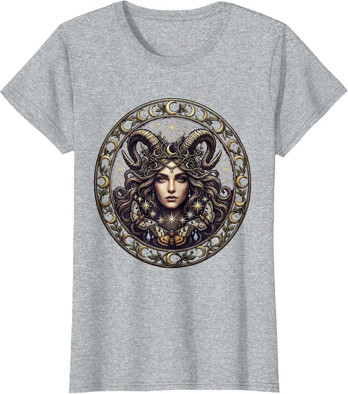 Capricorn Zodiac Goat Horn Flowing Hair Design T-Shirt - Heather Grey