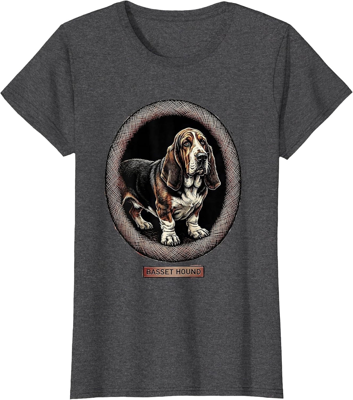 Women's Basset Hound Minimalist Badge Patch Line Art Animal T-Shirt - Dark Heather Grey
