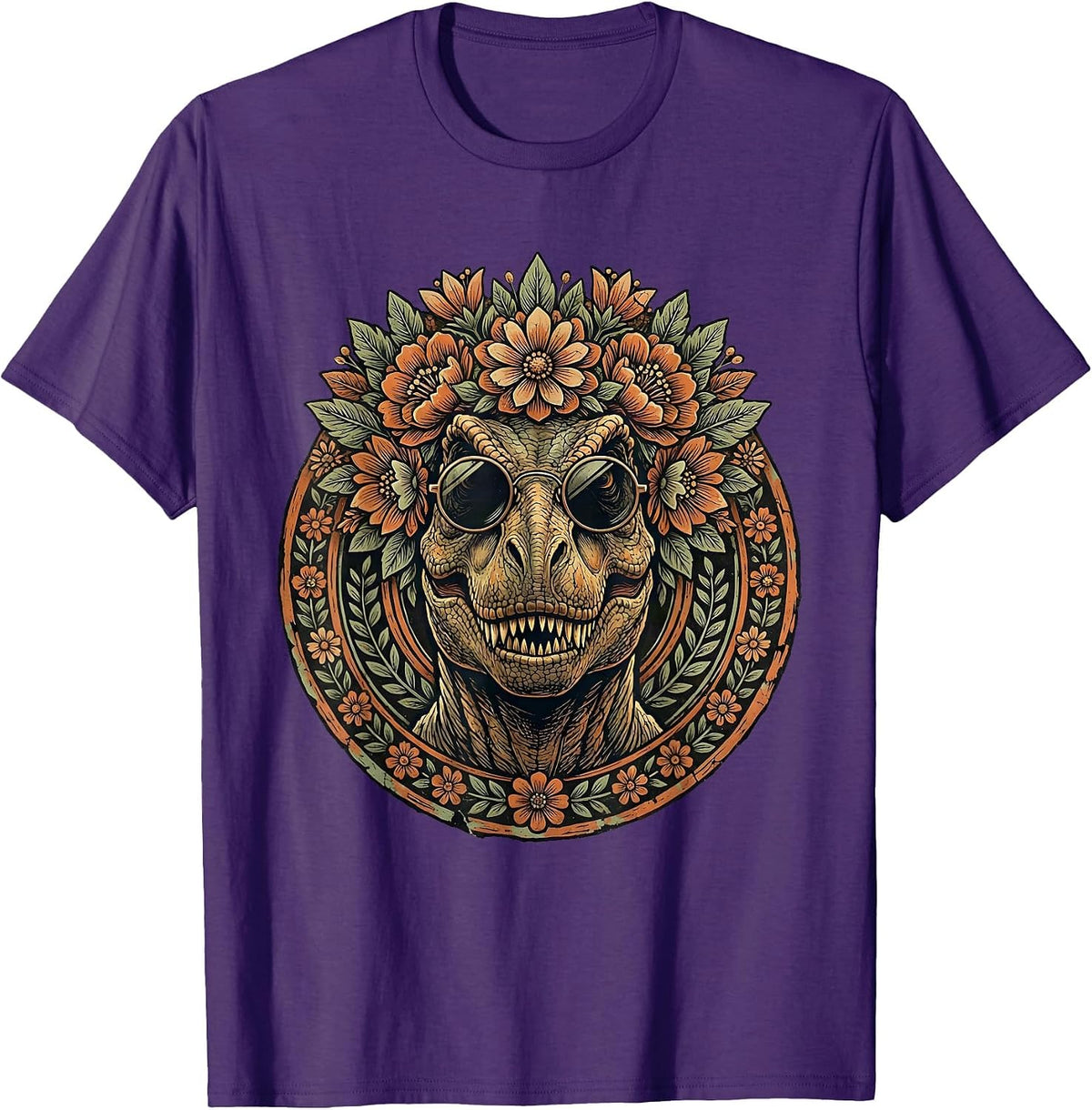 Floral Crown T-Rex Sunglasses Dinosaur Design T-Shirt - Purple