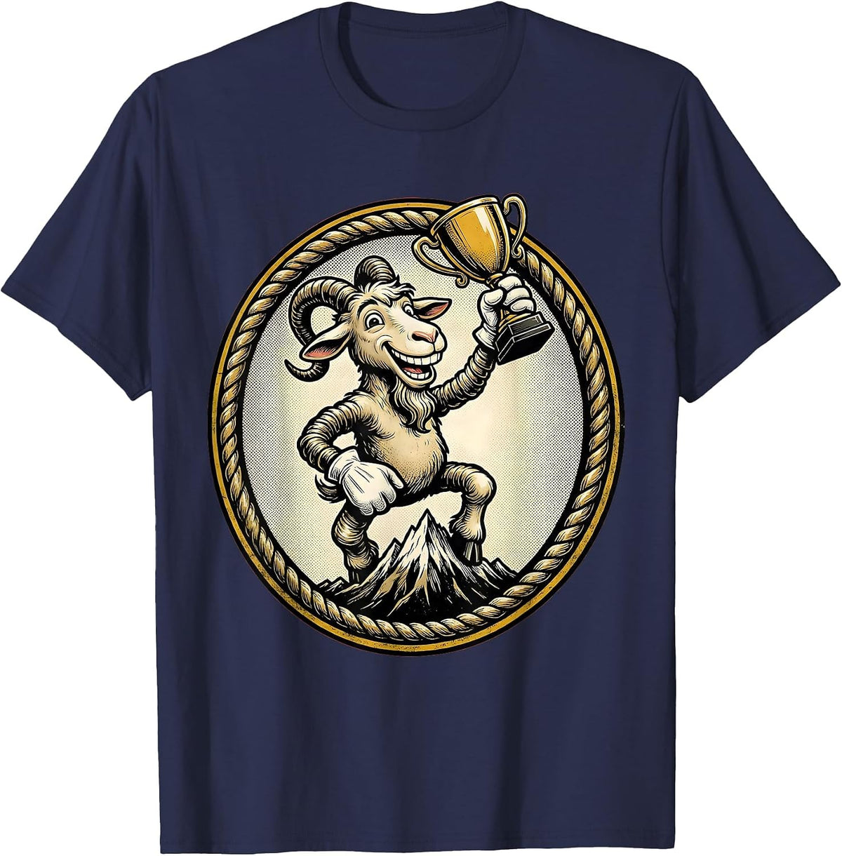 Men's Goat on Mountain Peak Holding Trophy Illustration T-Shirt - Navy Blue