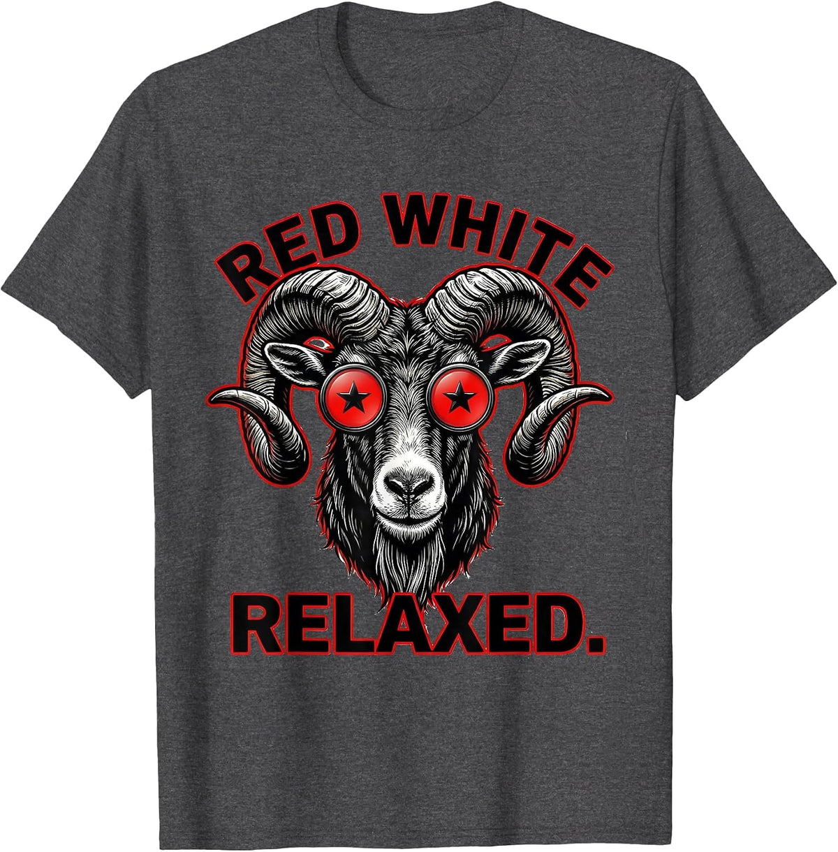 Men's Red White Relaxed Tattoo Bold Goat Head Patriotic Humor T-Shirt - Dark Heather Grey