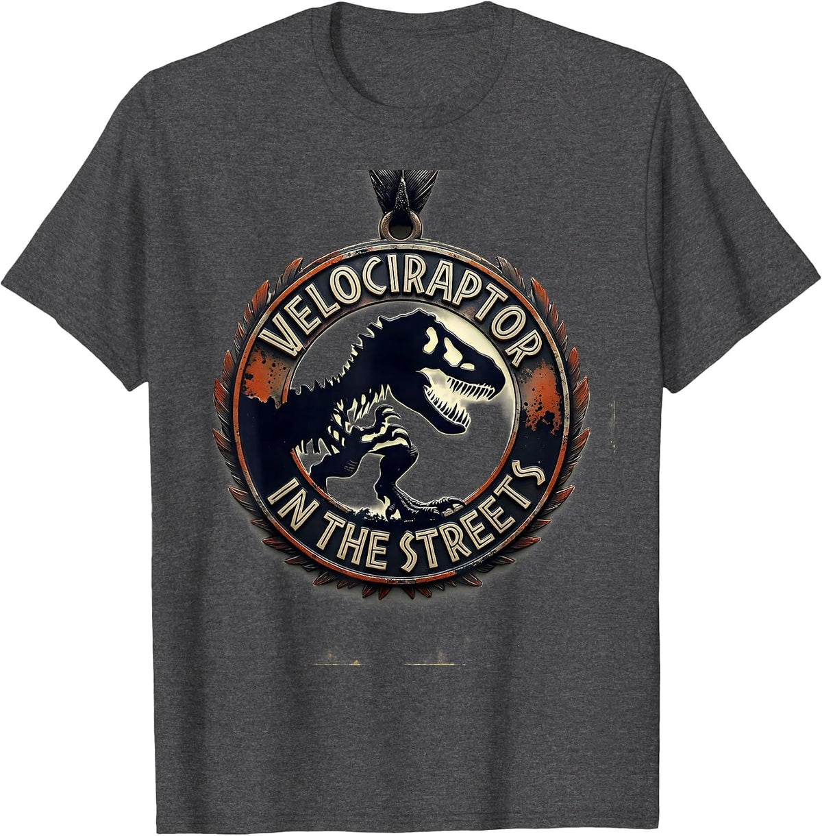 Men's Velociraptor In The Streets Dinosaur Design T-Shirt - Dark Heather Grey