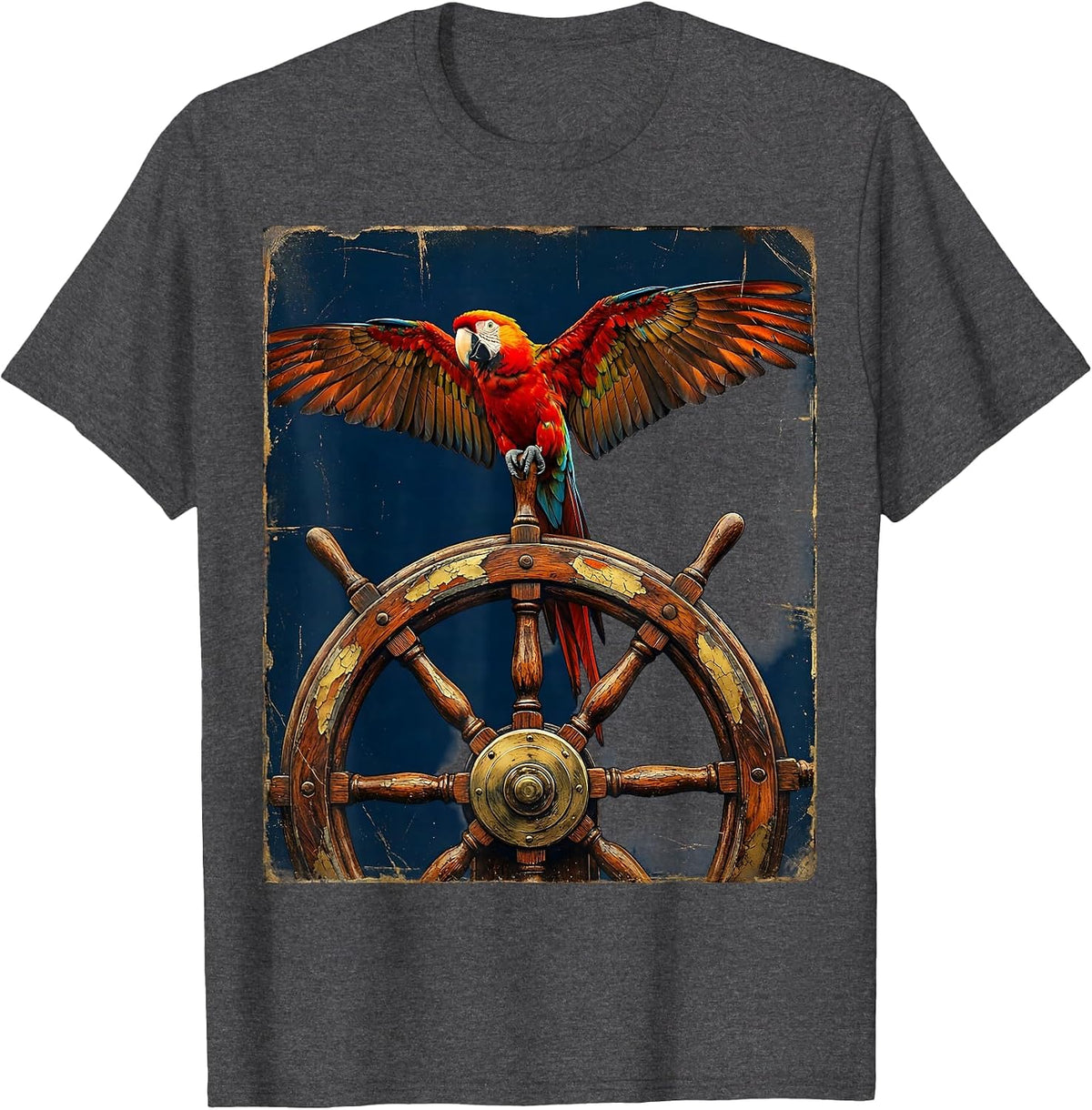 Men's Pirate Parrot on Ship's Helm Graphic Tee T-Shirt - Dark Heather Grey