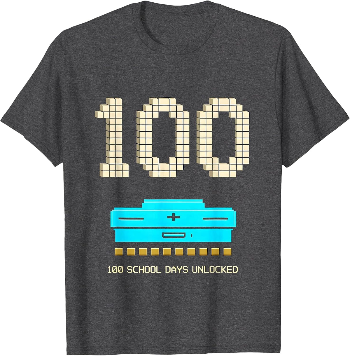 100 School Days Unlocked Pixel Art Gamer School Celebration T-Shirt - Dark Heather Grey
