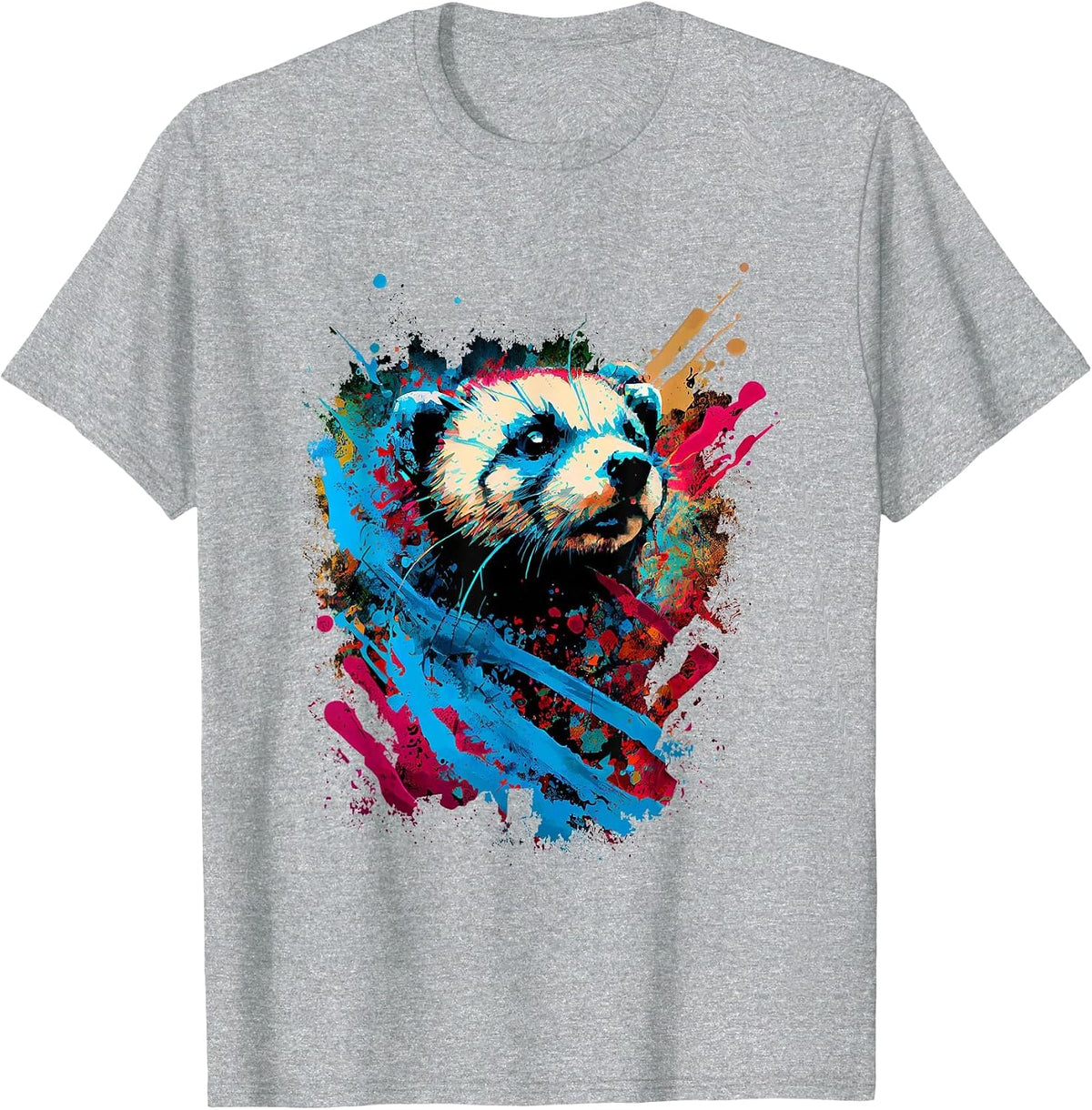 Colorful Ferret Abstract Art Watercolor Splash T-Shirt - Heather Grey