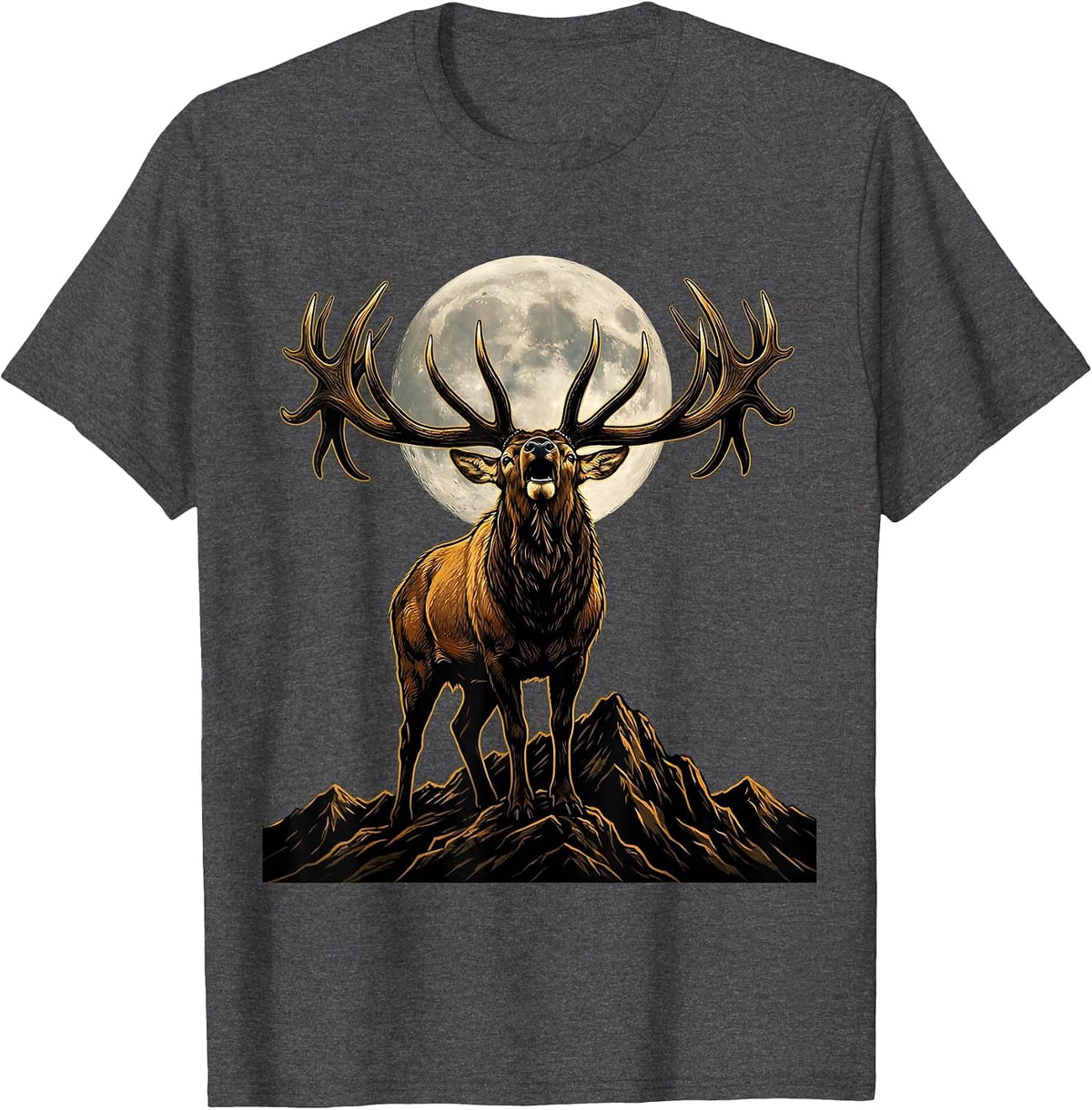 Elk Bugling on Rocky Mountain Ridge T-Shirt - Dark Heather Grey