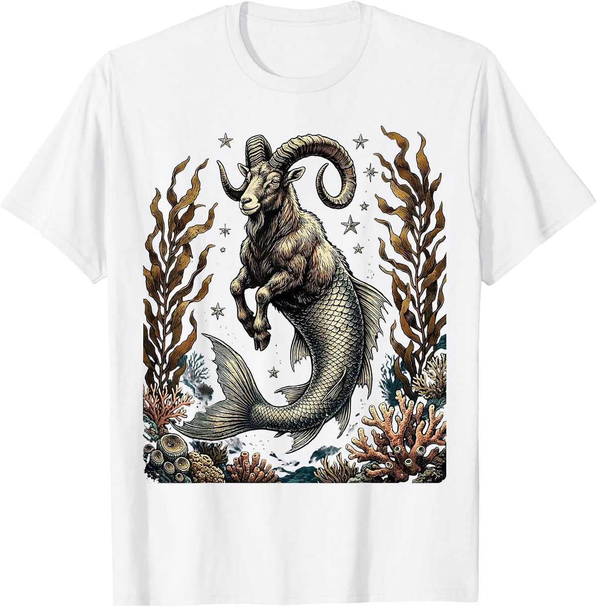 Men's Capricorn Zodiac Deep Sea Fish-Tailed Goat T-Shirt - White