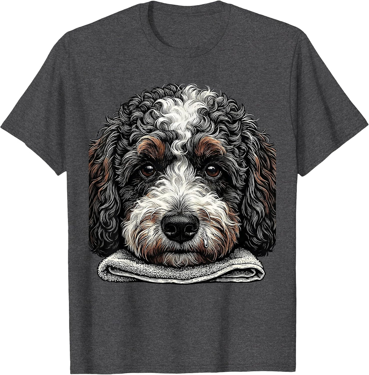 Men's Bernedoodle Tightly Cropped Woodcut Engraving Dog Lover T-Shirt - Dark Heather Grey