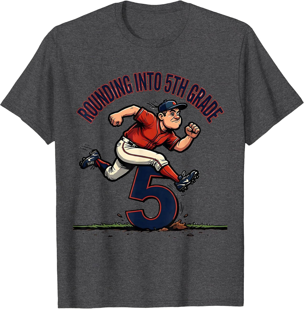 Rounding Into 5th Grade Cartoon Baseball Back to School T-Shirt - Dark Heather Grey