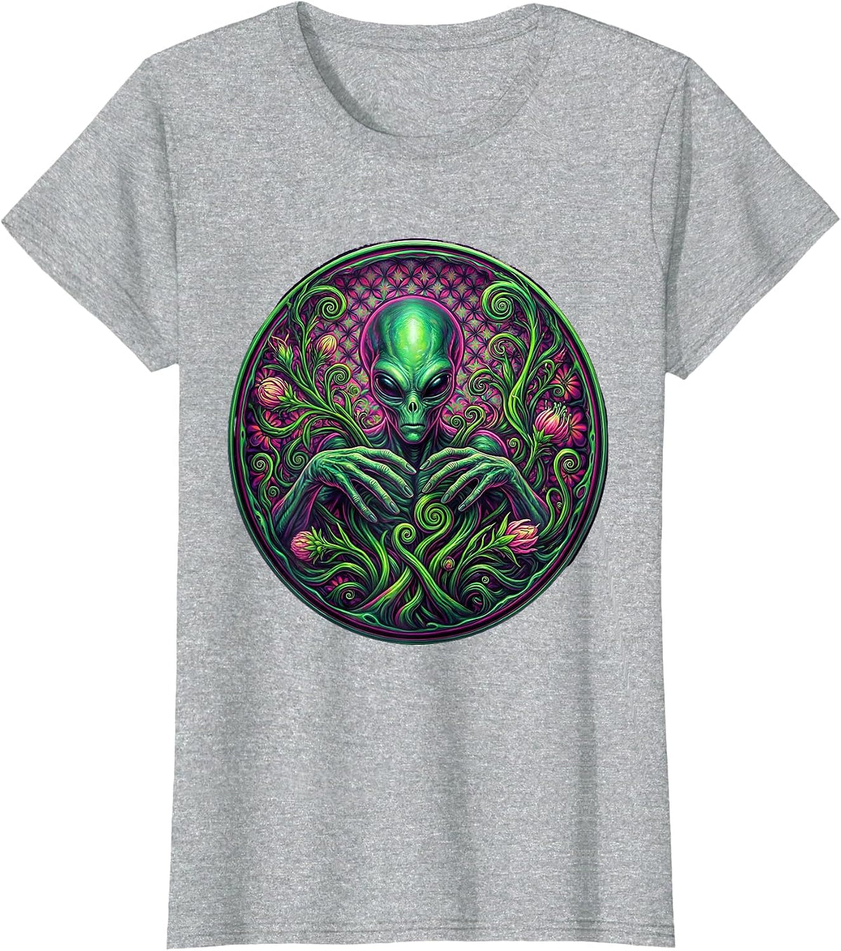 Alien Botanist Tending Glowing Exotic Plants T-Shirt - Heather Grey