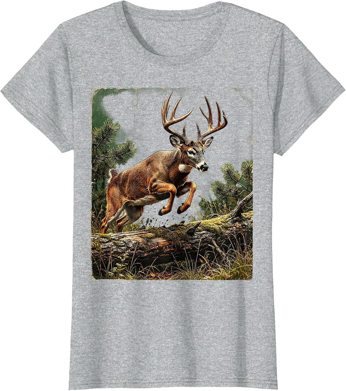 Whitetail Deer Leaping Over Fallen Log T-Shirt - Heather Grey