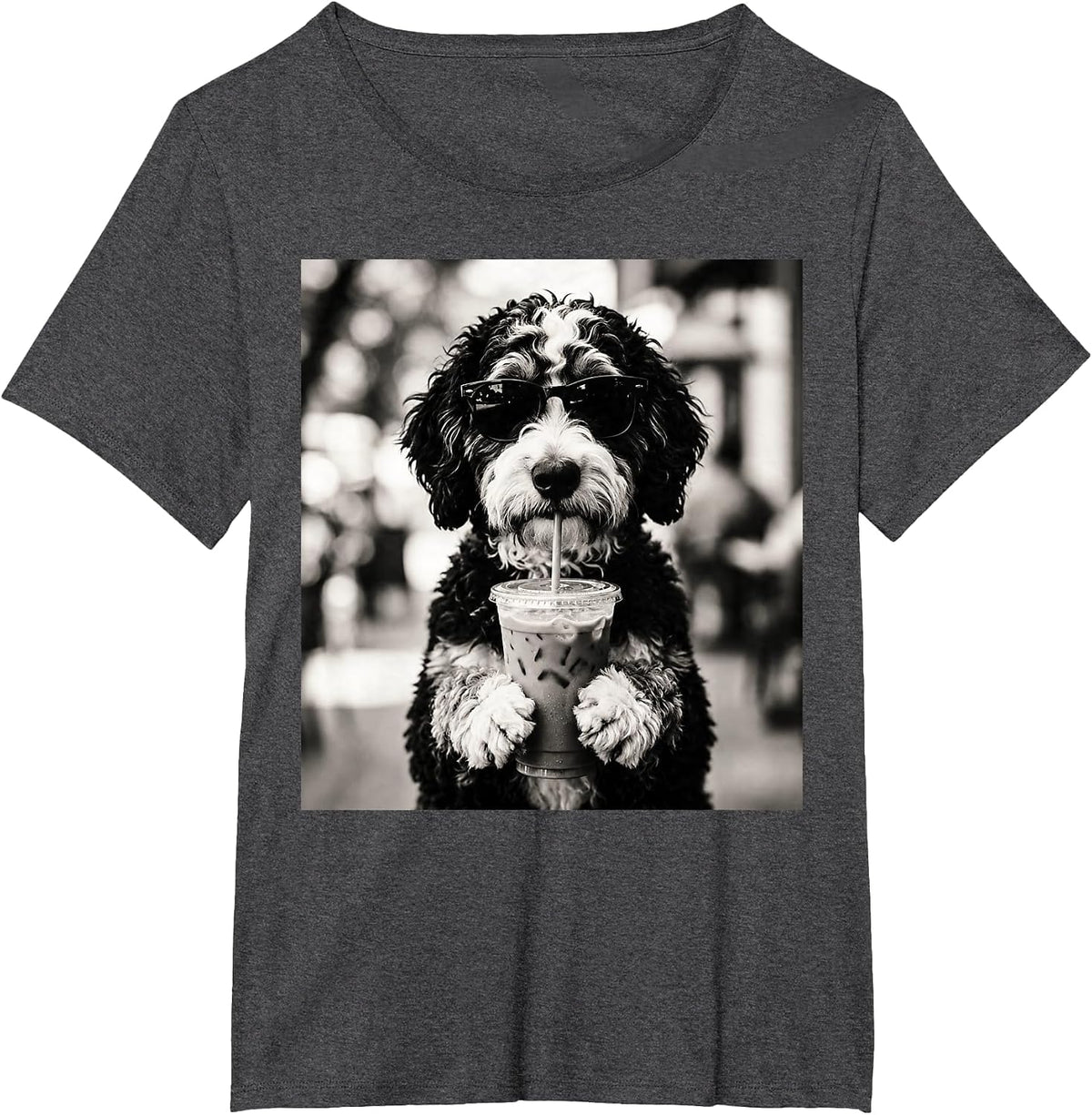 Bernedoodle Iced Coffee Photo Funny Dog Lover Art T-Shirt - Dark Heather Grey