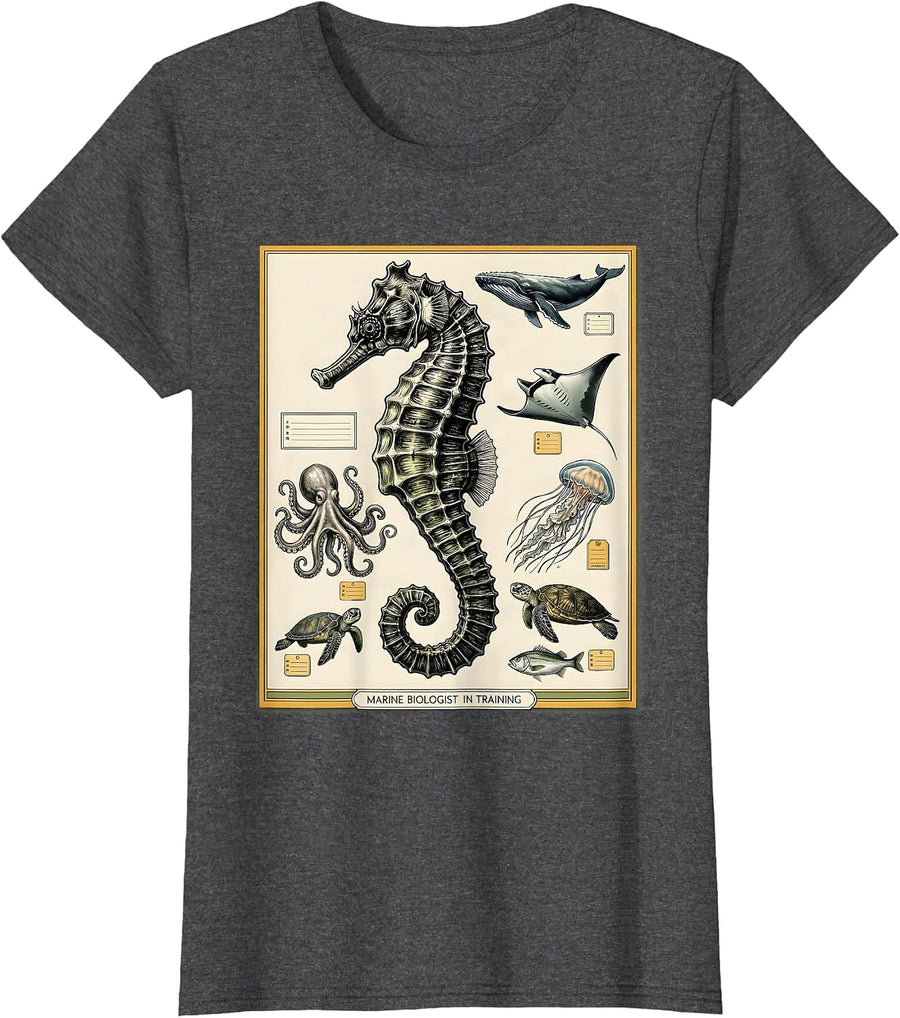 Women's Marine Biologist In Training Botanical Sea Creature T-Shirt - Dark Heather Grey