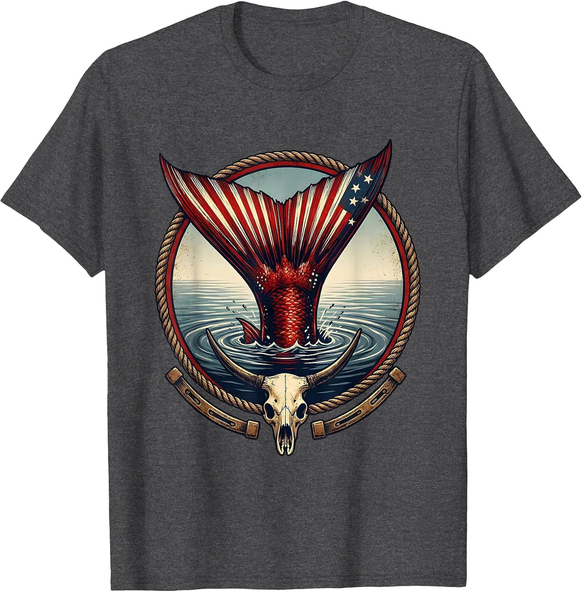 Men's Redfish Tail Gulf of America Fishing Illustration T-Shirt - Dark Heather Grey