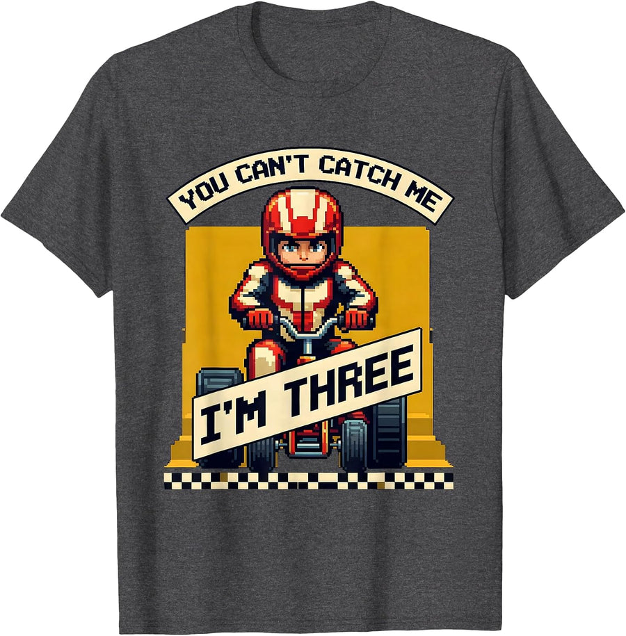 Men's You Can't Catch Me, I'm Three Pixel Art Race Car Birthday T-Shirt - Dark Heather Grey