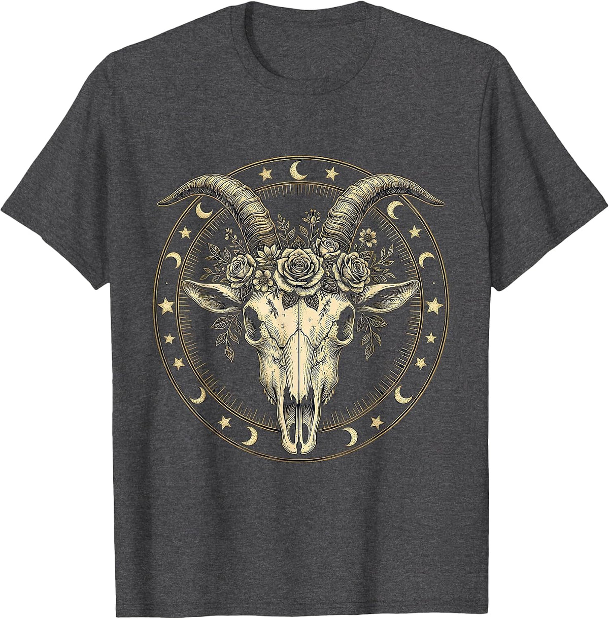Capricorn Goat Skull Floral Crown Zodiac T-Shirt - Dark Heather Grey