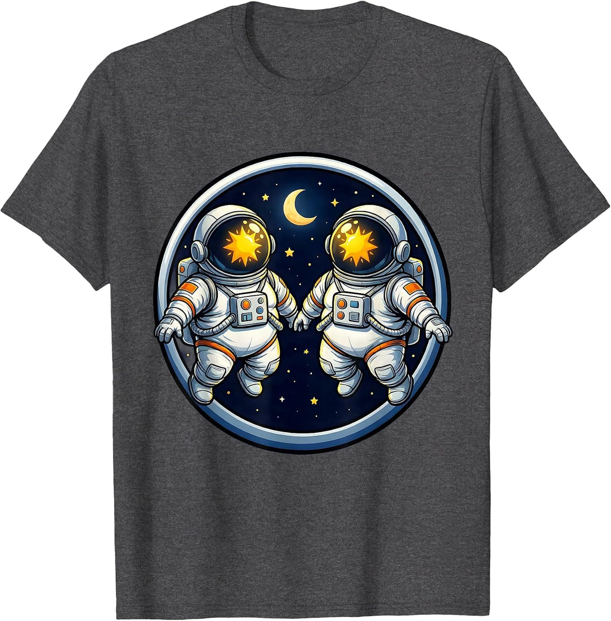 Twin Astronauts Floating in Space Illustration T-Shirt - Dark Heather Grey