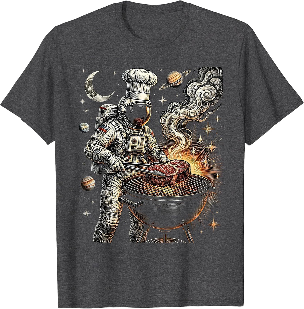 Astronaut Chef Grilling in Outer Space Design T-Shirt - Dark Heather Grey