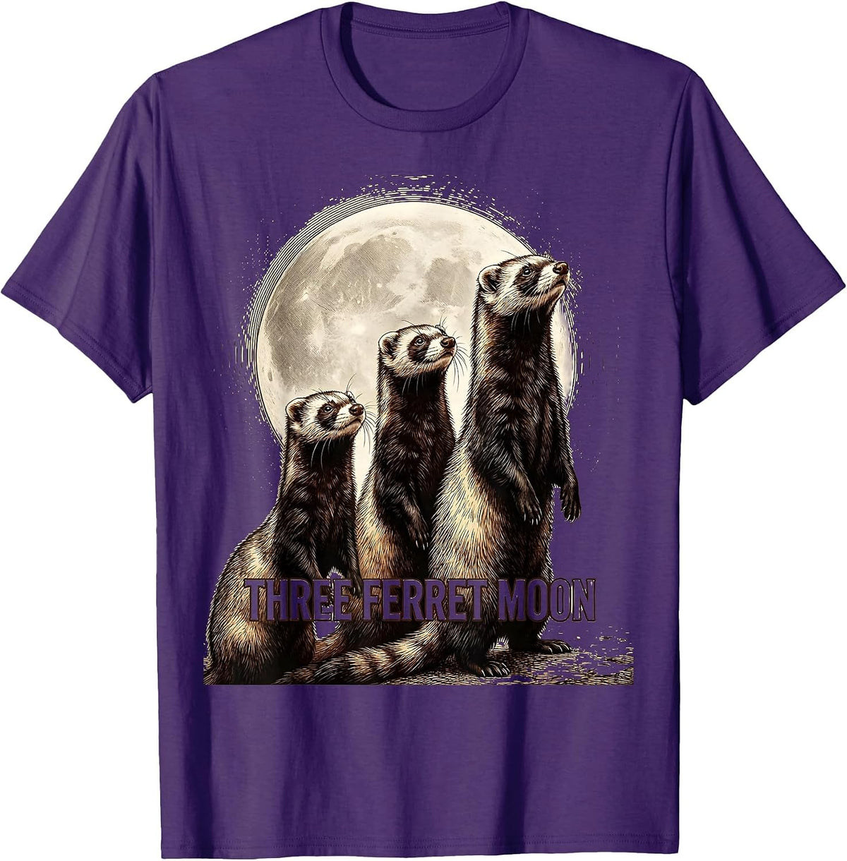 Three Ferret Moon Crosshatch Etching Ferret Lover Absurdist T-Shirt - Purple