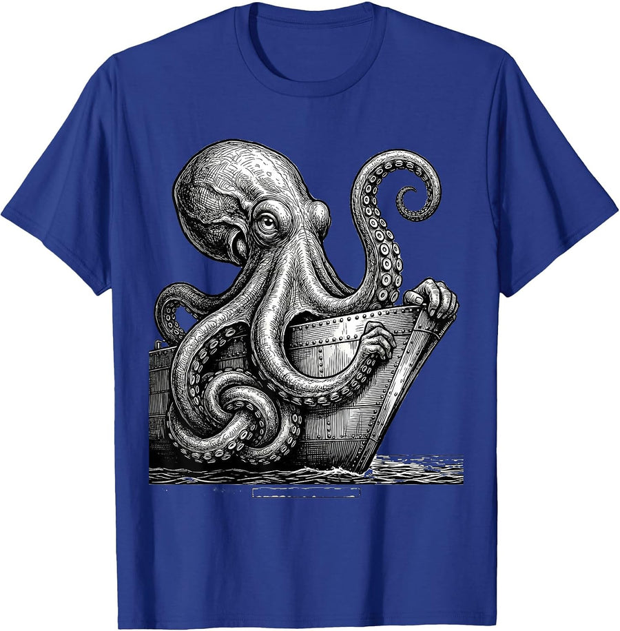 Kraken Octopus Vintage Japanese Sea Monster Graphic T-Shirt - Royal Blue