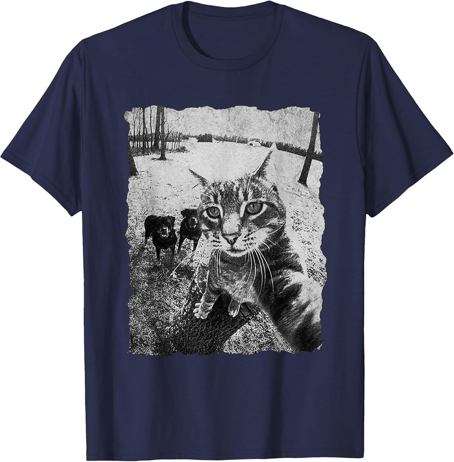 Funny Cat Selfie with Rottweiler, Funny Dog and cat Gangster T-Shirt - Navy Blue