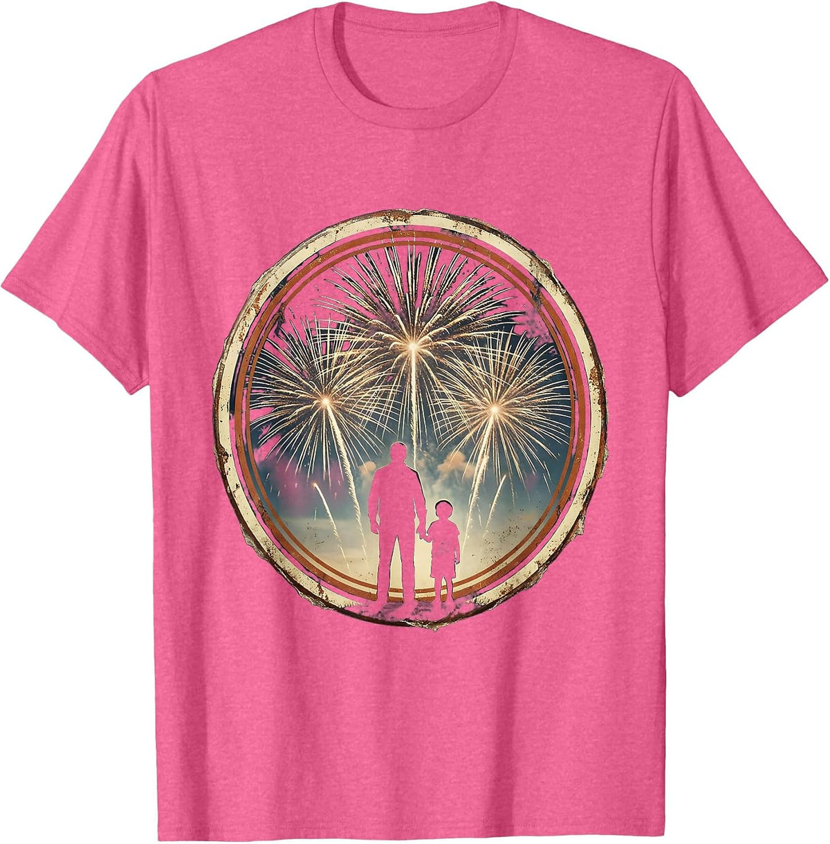 Uncle and Kid Watching Fireworks Night Sky Design T-Shirt - Pink Heather